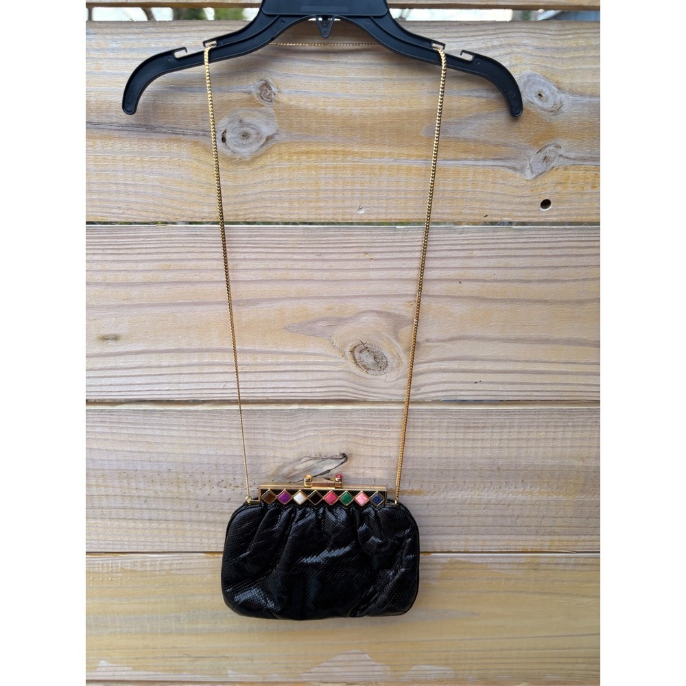 Vintage Ashreil Black Snakeskin Jewel Frame Evening Bag Gold Chain Clutch
